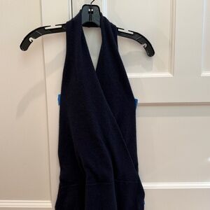 WHITE & WARREN NAVY CASHMERE BACKLESS HALTER SWEATER